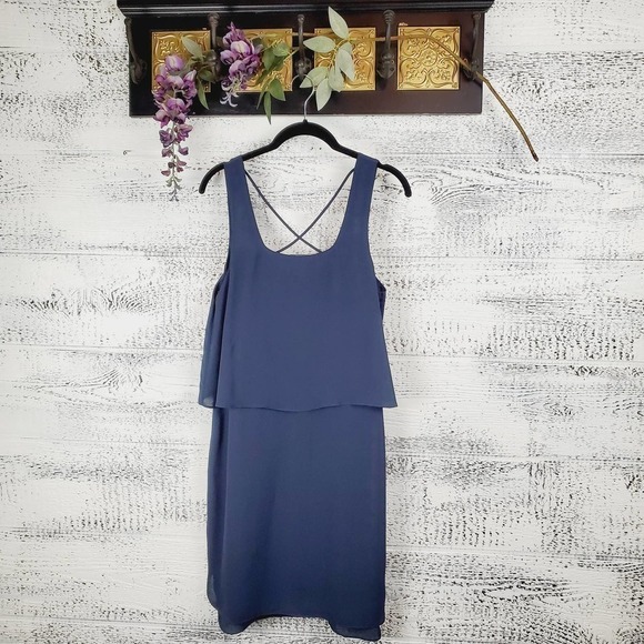 H By Bordeaux Layered Sleeveless Navy Blue Chiffon Cocktail Evening Dress Small - Picture 2 of 9